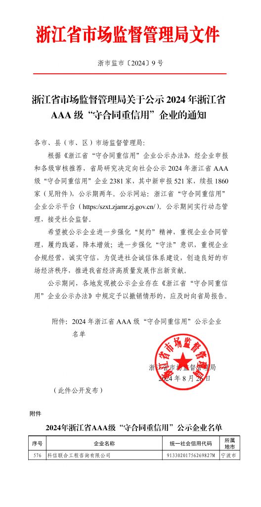 科信喜报 | 我公司蝉联浙江省AAA级 “守合同重信用”企业